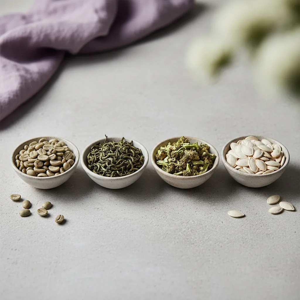Flat-lay of green coffee beans, green tea leaves, broccoli and pumpkin seeds - plant extract food supplement UK ingredients
